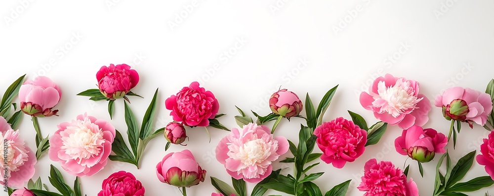 Flat lay of pink peonies on white background, top view, spring floral border, space for text. Flat lay of pink peonies on white background, top view, spring floral border, space for text.