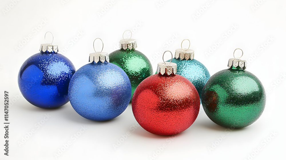 Five sparkly Christmas ornaments in red, blue, and green. They are arranged on a white background. Five sparkly Christmas ornaments in red, blue, and green. They are arranged on a white background.