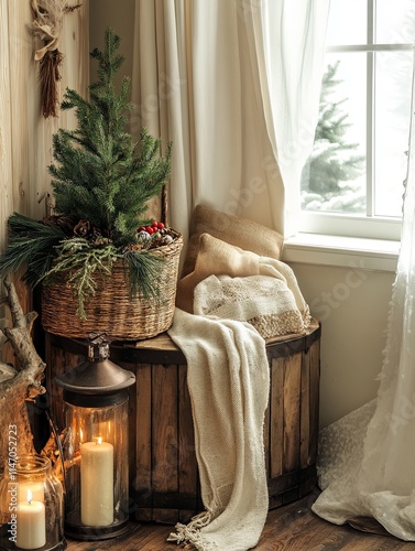 Seasonal decor display in rustic bin cozy home setting decorative arrangement warm environment inviting viewpoint