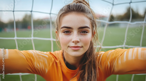 Portrait of a beautiful young female goalkeeper, women soccer player standing with her arms in front of the goal net on the soccer grass field outdoors,looking at the camera and smiling,wearing gloves photo