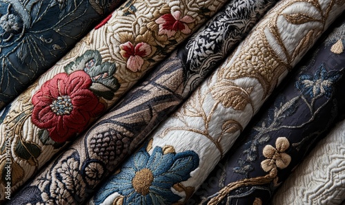 Rolled embroidered fabrics; floral, textured designs.