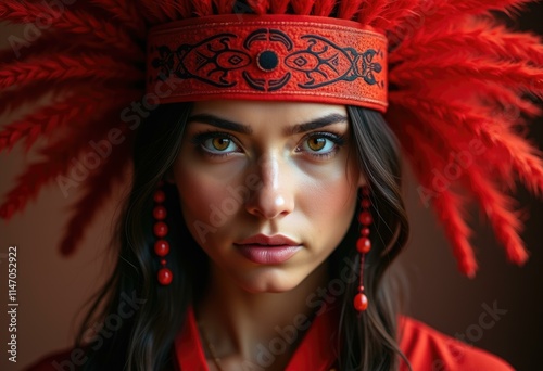 A woman wearing a red feathered headdress and earrings, gazing intensely.