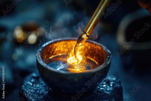 Jewelers manufacture. Melting silver in a small crucible for making jewelery