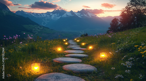 Road made of stones on a green grass meadow creating a path, leading to far mountains and valleys, glowing lamps all along the path, path to success concept. photo