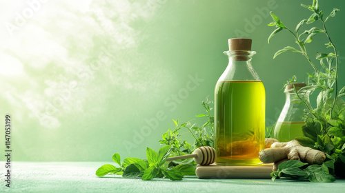 Herbal Remedy Elixir:  A tranquil scene of natural remedies, featuring two glass bottles of vibrant green herbal oil, surrounded by fresh mint, ginger, and honey.