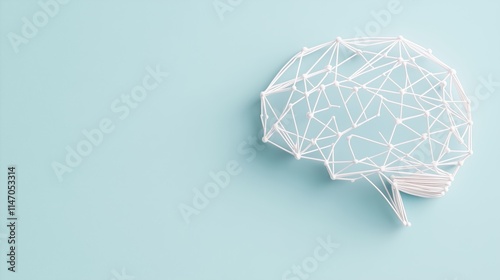 Minimalist design of a brain icon made from interconnected lines and nodes, placed on a light blue background for a technology