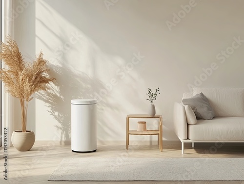 Minimalist living room with stylish decorative bin and cozy elements in bright modern space