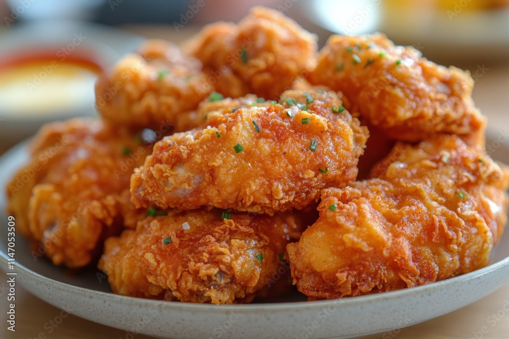 Crispy fried chicken served on a round plate garnished with fresh herbs in a casual dining setting during Crispy fried chicken served on a round plate garnished with fresh herbs in a casual dining setting during