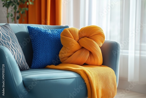Modern Comfort: A Plush Armchair with Decorative Pillows Invites Relaxation in a Stylish Living Room.