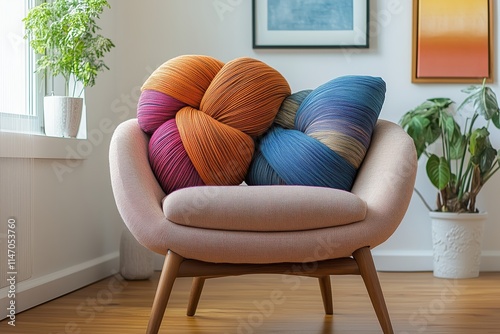 Modern Comfort: A Plush Armchair with Decorative Pillows Invites Relaxation in a Stylish Living Room.