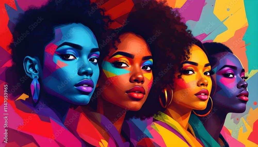 Obraz premium Dynamic Multicolored Silhouettes in Abstract Art- Diversity Theme, Empowered Black Women Portraits: Vibrant Pop Art Collection