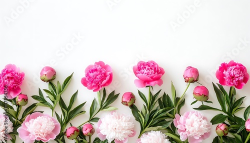 Wallpaper Mural Flat lay pink peonies on white background, top view, spring floral border, space for text. Torontodigital.ca