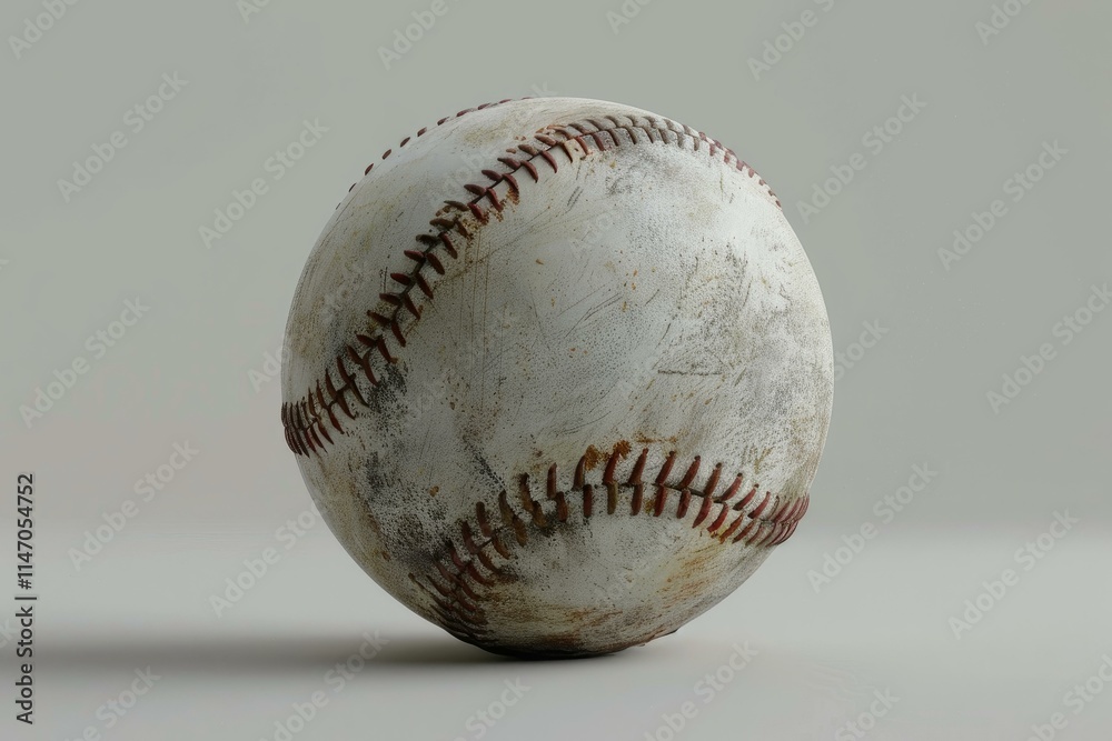 Old leather baseball is sitting on a plain gray surface showing its age and wear Old leather baseball is sitting on a plain gray surface showing its age and wear