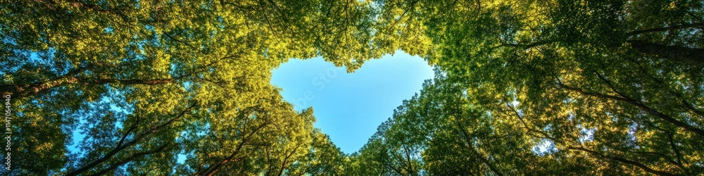 Fototapeta premium A heart-shaped gap in the forest canopy revealing a clear blue sky, symbolizing love for nature.