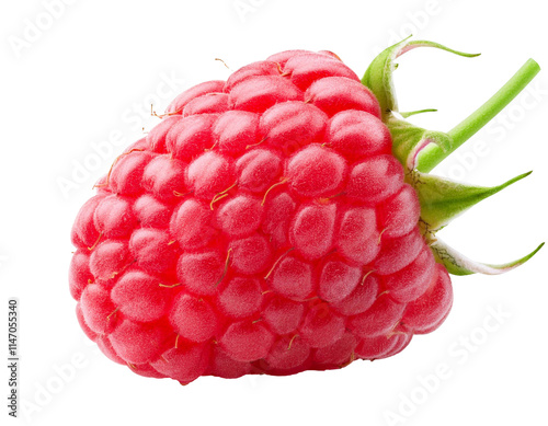 Fresh red raspberry isolated on transparent background with stem