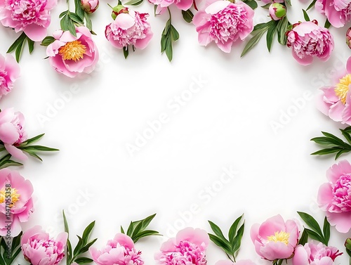 Wallpaper Mural Flat lay pink peonies on white background, top view, spring floral border, realistic. Torontodigital.ca