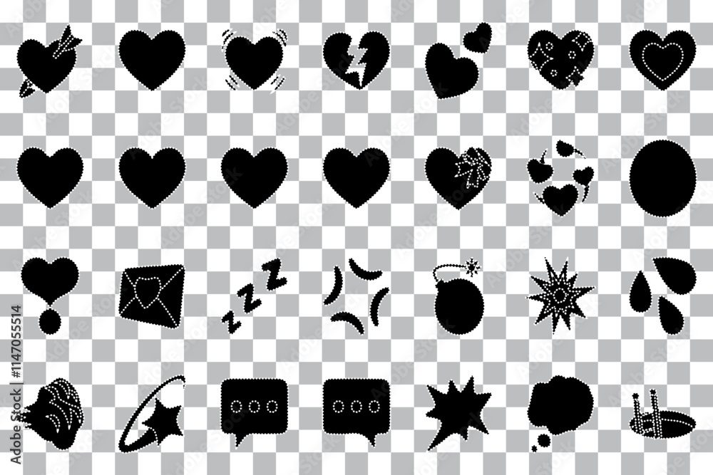 Fototapeta premium Collection of Black Heart, Chat, and Emoticon Icons - Decorative Silhouettes on Transparent Background