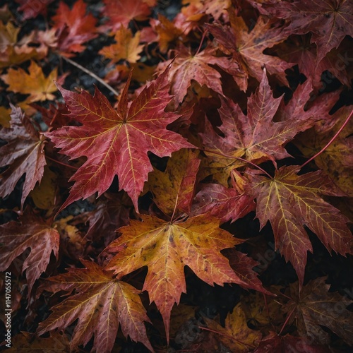 A close-up of maple leaves turning red during autumn.