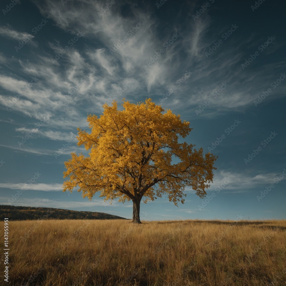 A lone tree with bright yellow leaves standing in the middle of a grassy field. A lone tree with bright yellow leaves standing in the middle of a grassy field.