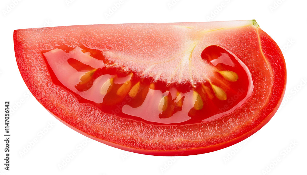 Slice of juicy red tomato showing seeds and flesh on transparent background Slice of juicy red tomato showing seeds and flesh on transparent background