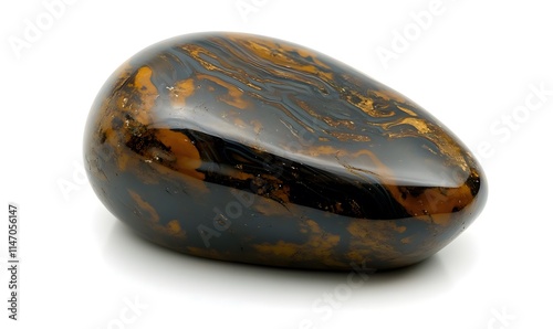 Polished black, tan striped stone with smooth surface.