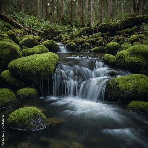 A small waterfall feeding into a tranquil lake surrounded by mossy rocks.