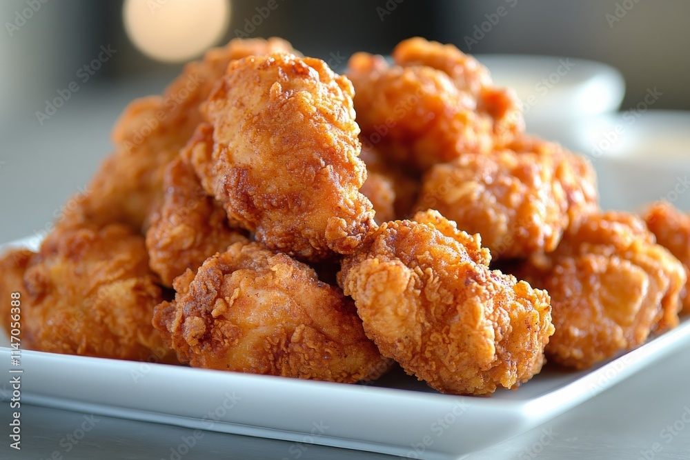 Crispy fried chicken served on a round plate garnished with fresh herbs in a casual dining setting during Crispy fried chicken served on a round plate garnished with fresh herbs in a casual dining setting during