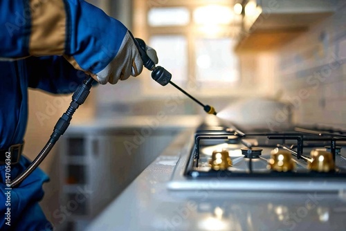 close-up shot of a pest control worker in workwear spraying pesticide on a shelf in a kitchen, focusing on the action of exterminating pests in a home setting. photo