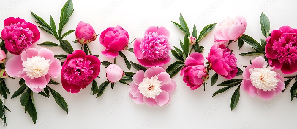 Flat lay pink peonies, top view, white background, spring floral border, space for text. Flat lay pink peonies, top view, white background, spring floral border, space for text.