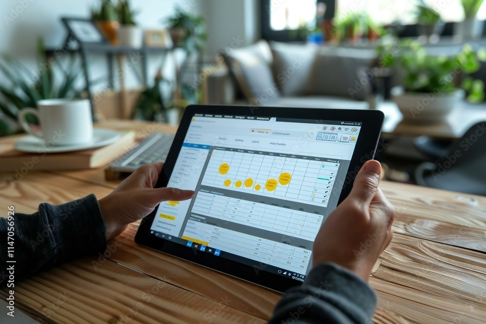 Person holding digital tablet filling out an online survey form at a wooden desk. Person holding digital tablet filling out an online survey form at a wooden desk.