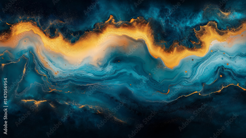 Abstract Liquid Gold: A mesmerizing abstract artwork featuring swirling waves of deep blue and vibrant gold, creating an ethereal and captivating visual experience. Abstract Liquid Gold: A mesmerizing abstract artwork featuring swirling waves of deep blue and vibrant gold, creating an ethereal and captivating visual experience.