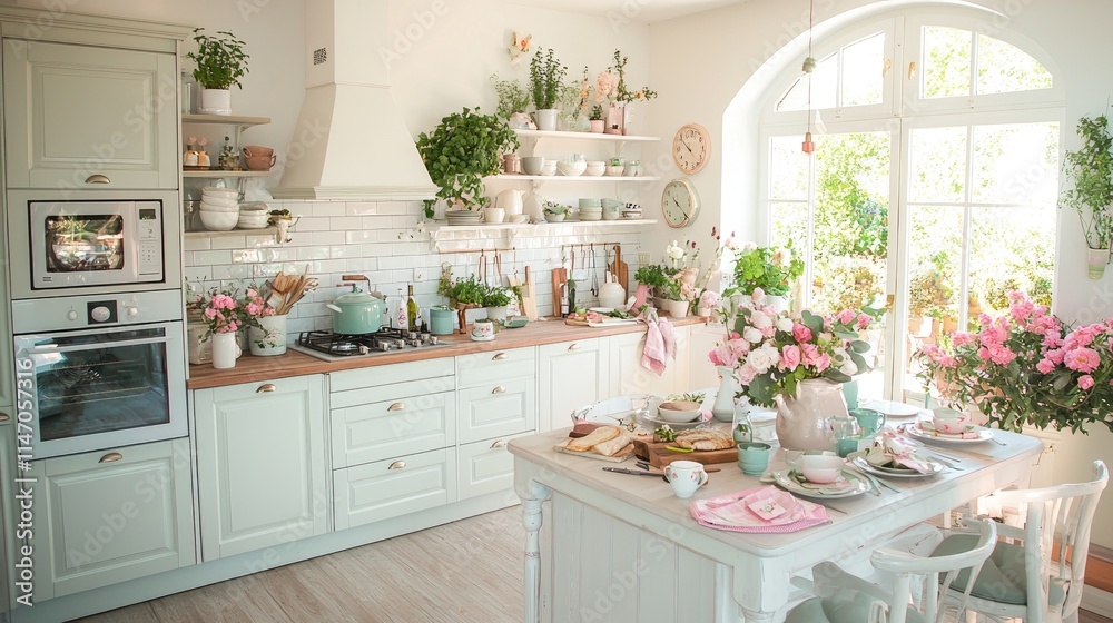 Bright, airy kitchen with pastel cabinets, island, floral decor, and large window. Bright, airy kitchen with pastel cabinets, island, floral decor, and large window.