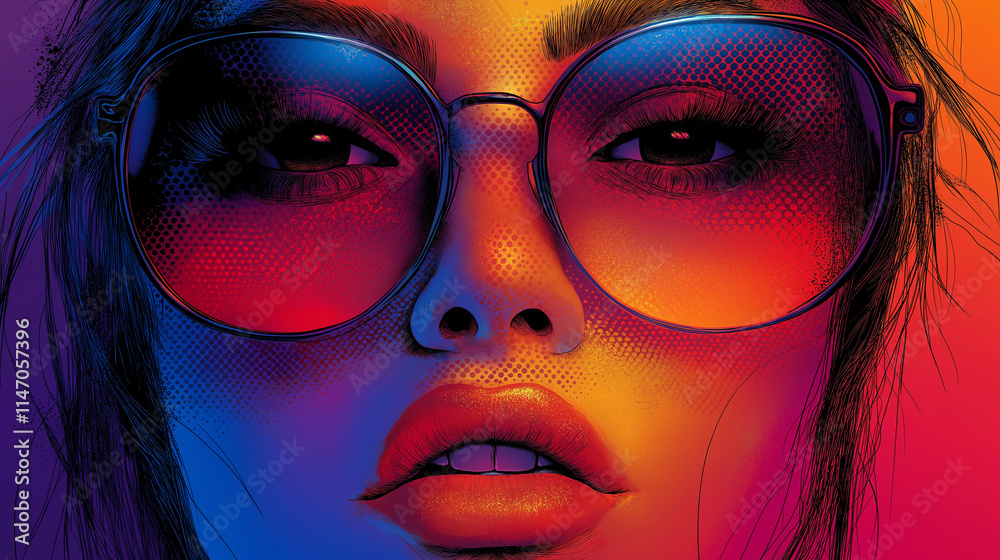 Neon Glow Portrait: A captivating portrait of a woman with vibrant neon lighting, her gaze captivating and enigmatic. Her sunglasses cast a cool shadow. Neon Glow Portrait: A captivating portrait of a woman with vibrant neon lighting, her gaze captivating and enigmatic. Her sunglasses cast a cool shadow.