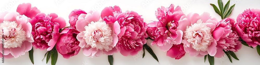 Flat lay pink peonies, white background, top view, spring floral border, realistic. Flat lay pink peonies, white background, top view, spring floral border, realistic.