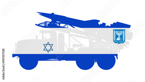Artillery Launcher truck vector illustration. Israel missile rocket carrier with nuclear bomb protect sky border. Military war threat. Army top secret weapon for battle against enemy. Doomsday alert.