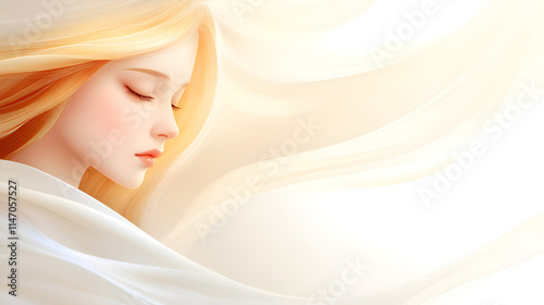 A serene digital illustration of a young woman with flowing blonde hair, showcasing beauty and tranquility against a soft, abstract background.