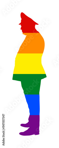 LGBT gay flag general army soldier vector silhouette illustration isolated. Saluting commander shape. Homosexual military member on duty. Honor proud patriot. Free love in army between man and male.