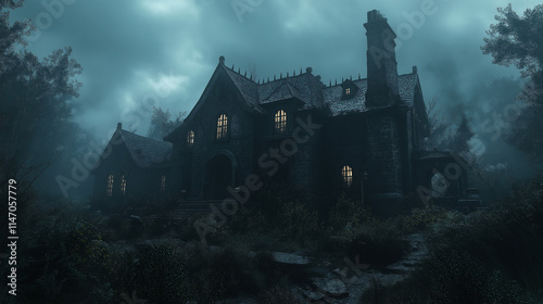 The Haunting of Blackwood Manor: An eerie gothic mansion shrouded in mist, its windows glowing ominously in the twilight. The air is thick with suspense.