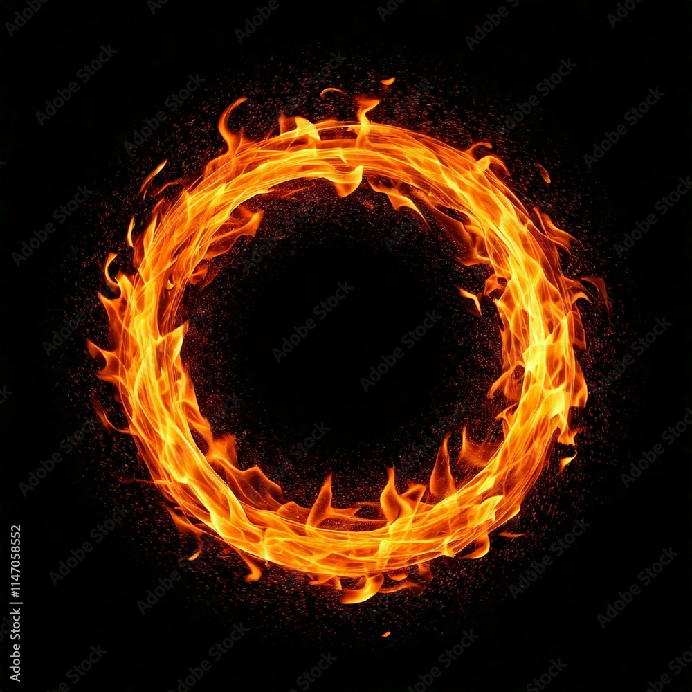 Dancing Flames Forming a Perfect Circle: A Striking Fire Ring with a Mystical Portal, Isolated Against a Dark Black Background Dancing Flames Forming a Perfect Circle: A Striking Fire Ring with a Mystical Portal, Isolated Against a Dark Black Background