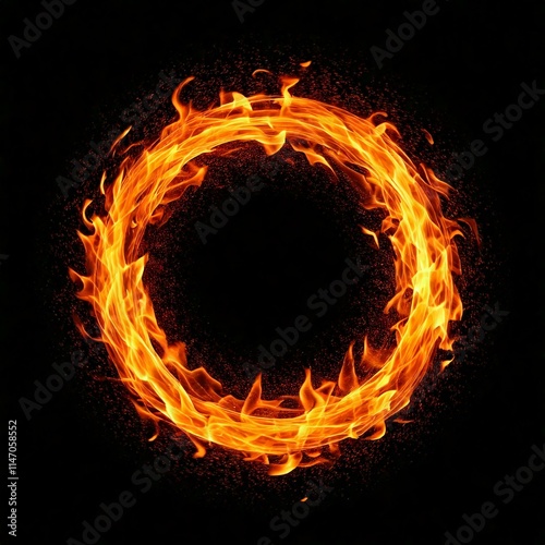 Dancing Flames Forming a Perfect Circle: A Striking Fire Ring with a Mystical Portal, Isolated Against a Dark Black Background