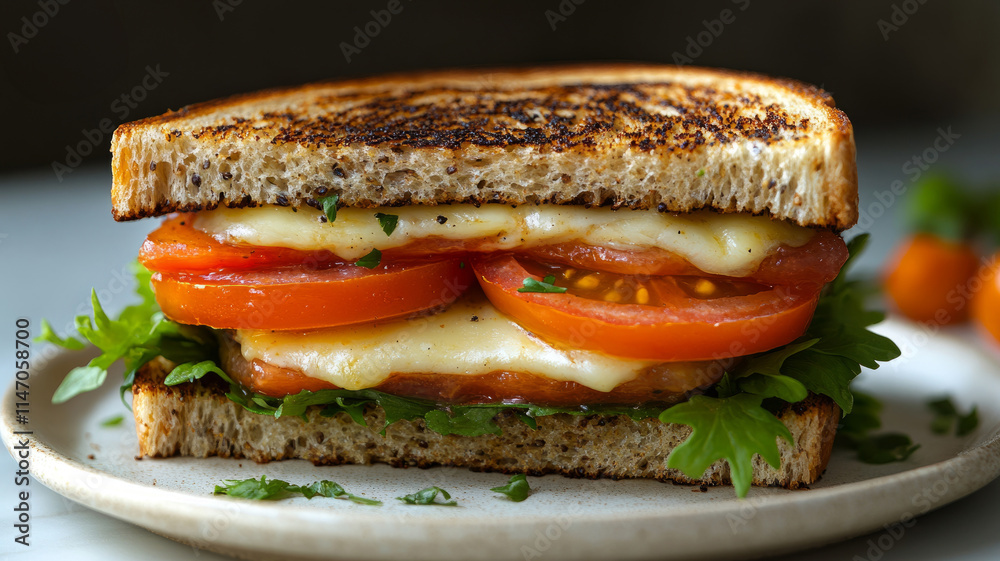 Grilled cheese sandwich with tomatoes and lettuce.