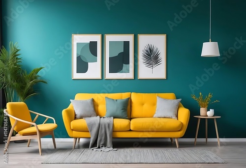 Modern Scandinavian Living Room with Vibrant Yellow Sofa, Chair, and Teal Wall. Interior Design Concept for Home Decor Inspiration