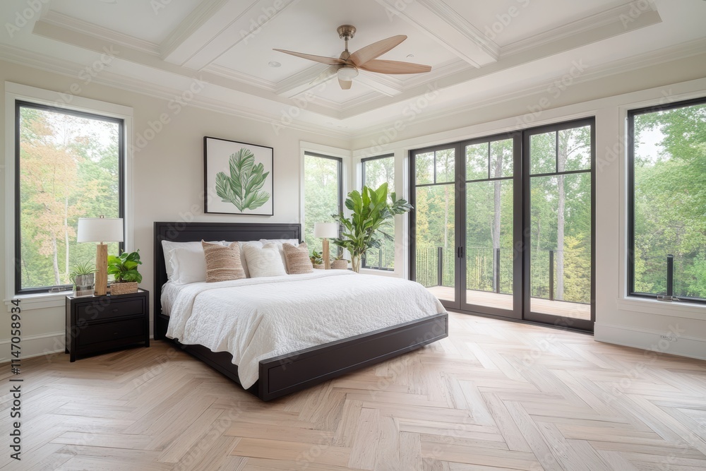 Large bed with a leafy plant on the nightstand. Banner