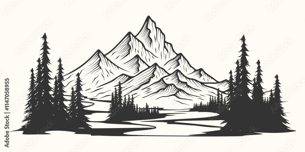 Fototapeta premium mountain sketch. vector illustration design, for coloring book 