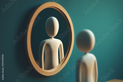 Introvert Shyness Figure standing in front of a mirror, hesitant posture, reflecting shyness, 3D illustration, no face