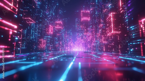 Futuristic city glowing neon lights digital landscape.