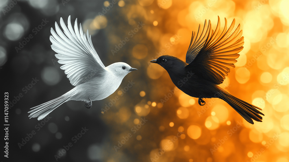 Harmony in Contrast: A white bird and a black bird, wings outstretched, face each other against a backdrop of contrasting dark and warm light. A symbolic image of balance and unity. Harmony in Contrast: A white bird and a black bird, wings outstretched, face each other against a backdrop of contrasting dark and warm light. A symbolic image of balance and unity.