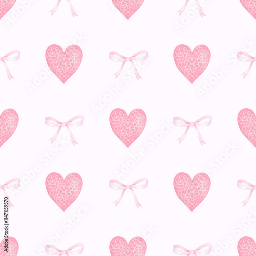 heart, bow. Watercolor seamless pattern in pastel colors for textile and paper. Cute watercolor illustration for Valentine's Day