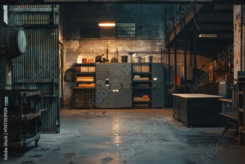 Empty industrial warehouse interior with machinery and metal cabinets bathed in the warm light of a single ceiling lamp photo