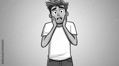 Shocked and Worried: A young man stares in disbelief, his hands covering his face as a wave of anxiety washes over him. The illustration captures the raw emotion of uncertainty and fear. 